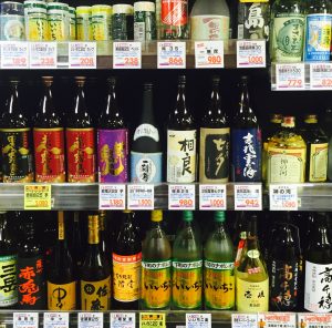 Shochu and awamori on offer at a supermarket near Sangubashi Station in downtown Tokyo.